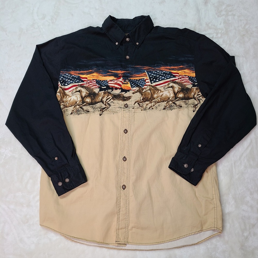 Bit & Bridle Shirt Mens Med Black Tan Button Up Long Sleeve Western Horses USA